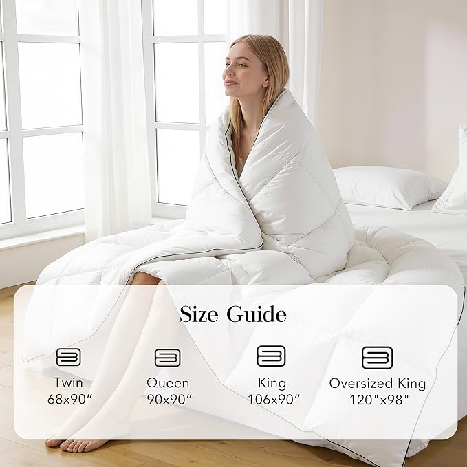 Feather Down Fiber Comforter Twin Size,Premium Ultra-Soft Breathable Comforter High Fill Power Grey Duvet Insert,All Season Hotel Luxury Bedding Comforters (White/All Season, Oversized King)