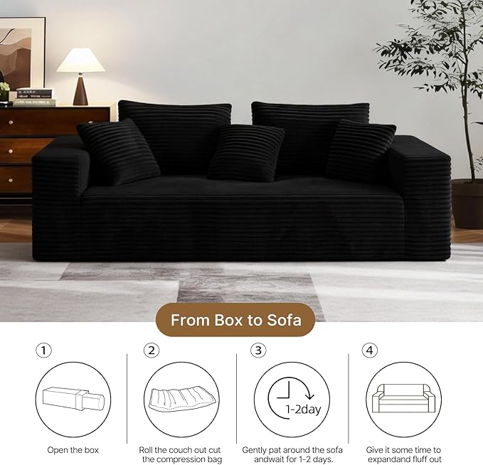 3-Seater Deep-Seat Corduroy Lounge Sleeper Sofa, No Assembly Frameless Foam Cloud Couch, Comfy Plush for Living Room Bedroom Apartment Dorm Office (Black)