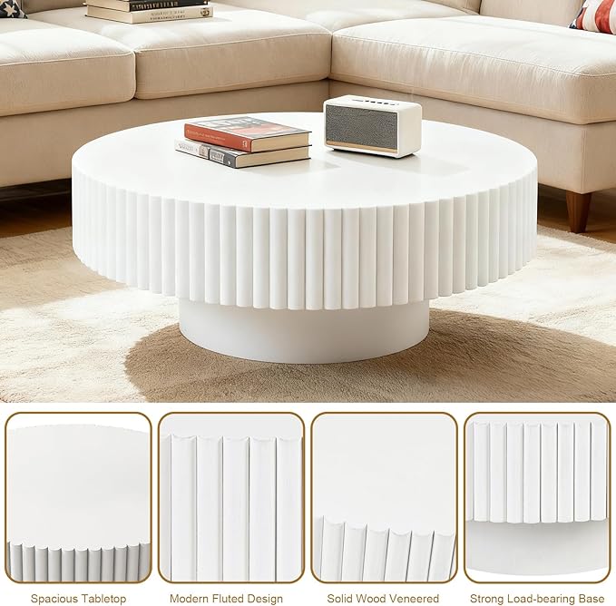 Rovibek Fluted Round Coffee Table, 31.5" Modern Coffee Table with Fluted Base, Circle Wooden Accent Center Table for Living Room Apartment Office, Easy Assembly, White