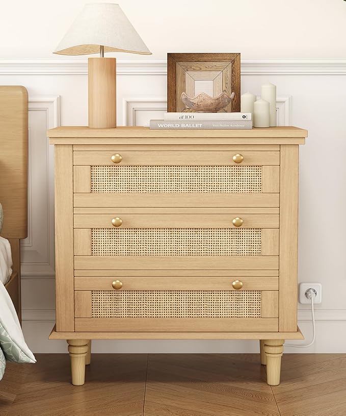 Keehusux Night Stand with 3 Large Storage Drawers, 26.8" H Rattan Nightstand with Charging Station, Boho Bedside Table with Round Handles, Wooden End Table for Bedroom, Natural Oak KES008MECTG by Keehusux