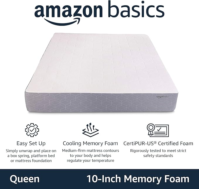 Amazon Basics Memory Foam Mattress, Medium-Firm, Cooling Gel, Queen Size, CertiPUR-US Certified Foam, 80 x 60 x 10 inches, White/Gray, Guest Room
