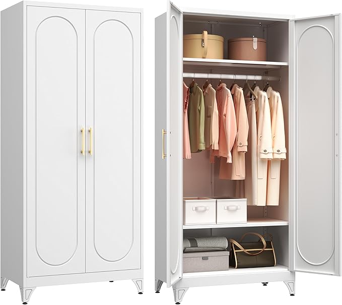 Polup Metal Wardrobe Cabinet for Hanging Clothes, 71" Tall Armoire Wardrobe Closet with Hanging Rod, White Clothing Storage Cabinet with Doors and Shelves, Large Closet for Bedroom-Assemble Required