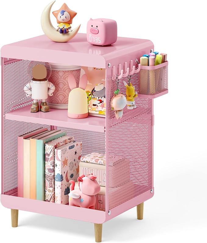SYKIARIOL Kids Nightstand for Girls, Metal Bedside Table with 4 Hooks & Hanging Basket, 3-Tier Storage Shelf, Toddler Night Stand for Bedroom, Pink - Image 3