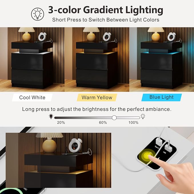 LED Nightstand - Bedside Table with Charging Station and 2 Shiny Surface Drawers Sliding Top with Magnetic Lock - Modern Night Stand for Bedroom & Living Room - Black - Image 5