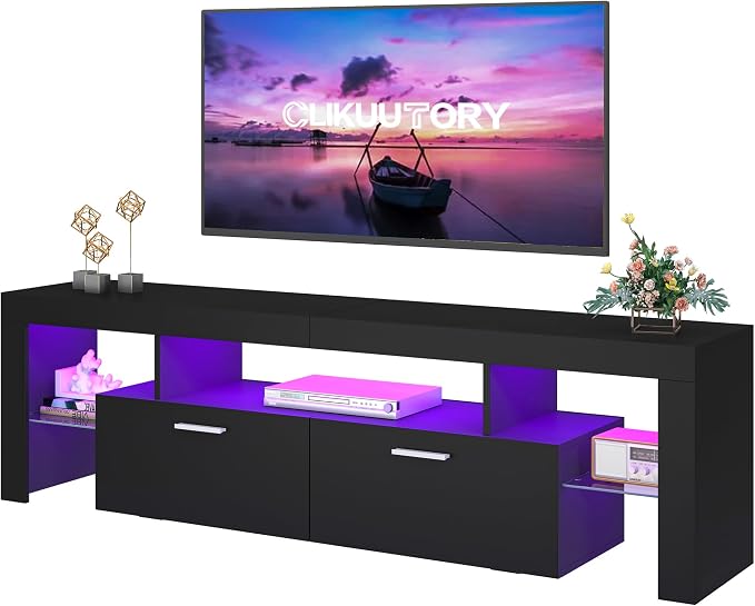 Clikuutory Modern Lighting 63 inch TV Stand with Large Storage Drawer for 50 55 60 65 70 75 Inch TVs, TV Console with 20 Color LED Lights, Entertainment Center Media and Open Shelf for Bedroom, Black by Turnyourhouseintoahome