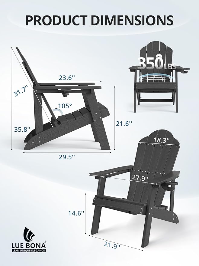 LUE BONA HDPE Adirondack Chair Set of 1 - Weather Resistant Outdoor Seating with Cup Holder for Patio, Deck, Fire Pit & Backyard, Black - Image 3