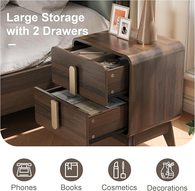 JOINICE, Nightstands Set of 2, Mid Century Modern Nightstand with Drawers, Bedside Tables with Solid Wood Legs, End Side Tables for Bedroom, Small Space,Walnut - Image 5