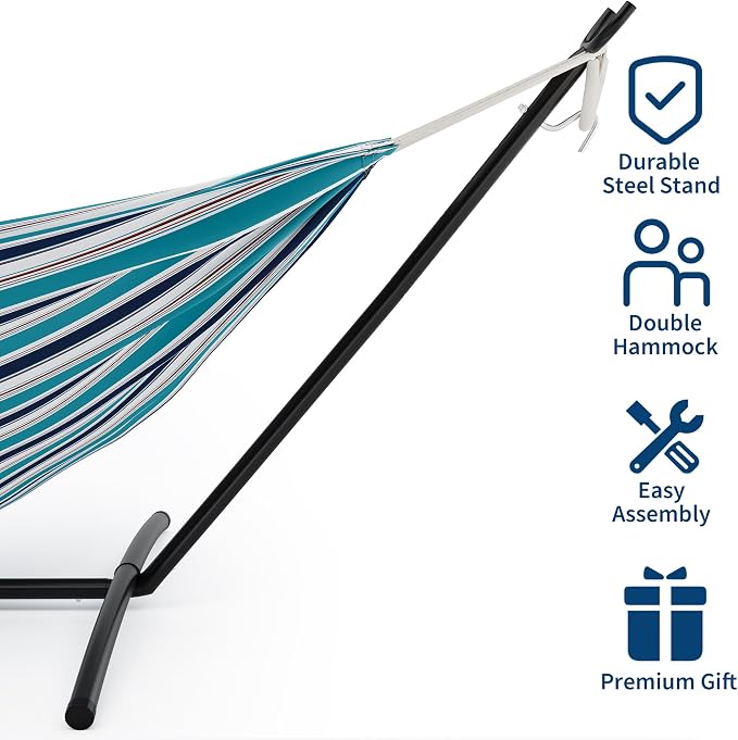 Double Hammock with Steel Stand - 2 Person Hammock Bed Indoor Outdoor, Brazilian-Style, with Carry Bag, 450lb Capacity, Portable & Easy Assembly, Ocean - Image 4