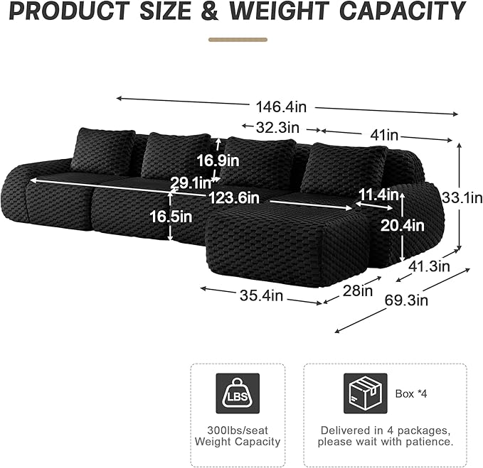 146" L-Shaped Compressed Sectional Cloud Sofa, Flannel Upholstered Modular Deep Seat Sofa with 5 Pieces, Modern Floor Boneless Foam Modular Cloud Couches for Living Room