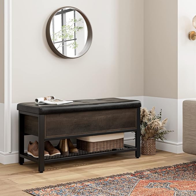 HOSTACK Storage Bench, Entryway Shoe Bench with Flip-Open Storage Box, End of Bed Ottoman Bench with Storage Shelf and Padded Seat for Bedroom, Hallway, Dark Brown - Image 4