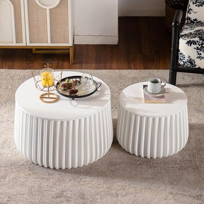 kevinplus 46.46'' White Round Coffee Table Set of 2 with Storage Space & Lift-Off Lid, Modern Circle Fluted Drum Nesting Coffee Table for Living Room, Curved-Edge Shape & No Assembly, White