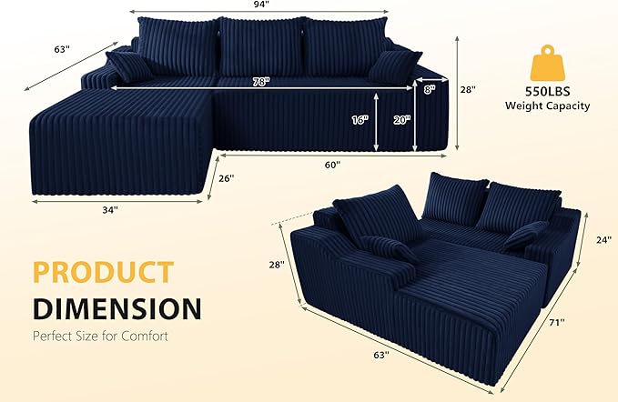 Homguava 94'' Cloud Sectional Couch, Modular L-Shape Couch with Chaise, Boneless Sofa with Deep Seat for Living Room Bedroom,No Assembly Required(Blue,Left Facing Chaise)