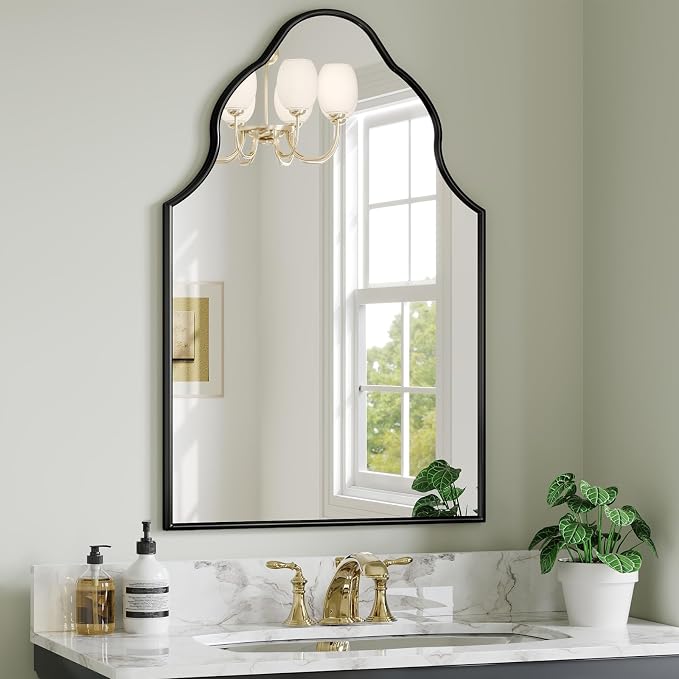 Arched Scalloped Mirror, 24" x 36"Black Arched Bathroom Mirror with Rubberwood Frame, Arch Wall Mirrors for Fireplace, Bedroom, Living Room, Entryway by Rigidemand