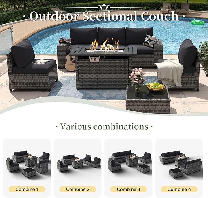 Aoxun 7 Piece Patio Furniture Set with Wide Armrests & 44” Fire Pit Table Wicker Rattan Outdoor Sectional Sofa Set with Coffee Table and Thickened Cushions, Gray/Blck(Waterproof Cover Included)