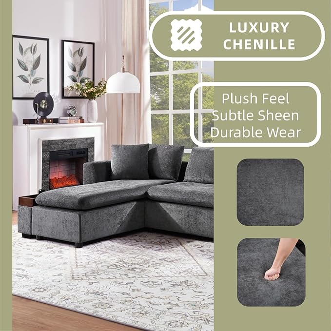 93.7" L-Shaped Sectional Sofa with Storage Chaise, Modern Couch for Living Room, Chenille Upholstered Couch with Deep Seats & Throw Pillows, Modern Corner Sofa for Living Room, Brown