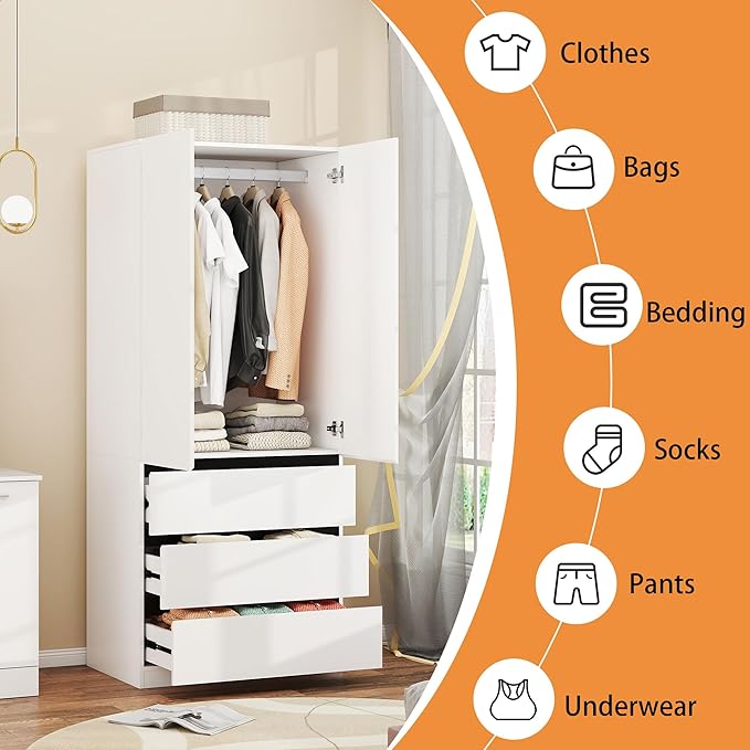 White Armoire Wardrobe Closet with 2 Doors, 75" Bedroom Wardrobe Closet for Hanging Clothes, Modern Wood Storage Closets Cabinet with System (B+A+B, 94.5")