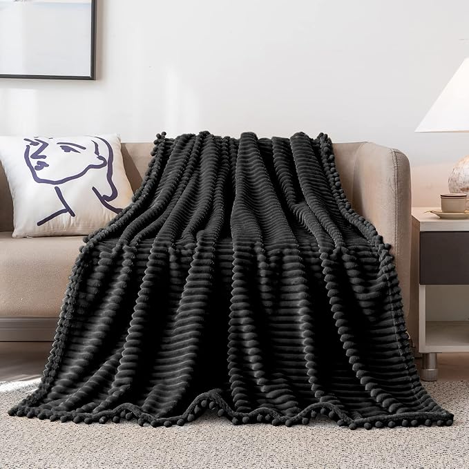 DISSA Fleece Blanket Throw Size ?€? 51x63, Black ?€? Soft, Plush, Fluffy, Fuzzy, Warm, Cozy ?€? Perfect Throw for Couch, Bed, Sofa - with Pompom Fringe - Flannel Blanket Throw Blanket