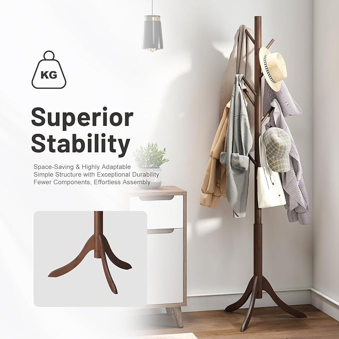 kiplant Bamboo Wood Coat Rack Stand, Freestanding Coat Tree with 8 Hooks, Hallway Entryway Hat Hanger Organizer Standing for Bedroom, Office, Clothes, Jackets, Bags, Umbrallas - Image 7