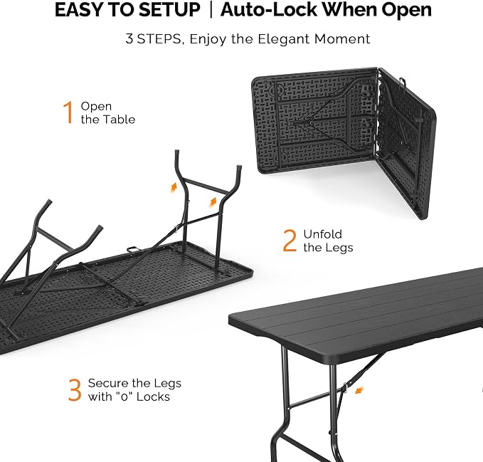 VINGLI 6 Foot Plastic Folding Table Portable Long Table for Indoor Outdoor Use Rectangular with Carrying Handle, Tree Patterned HDPE Tabletop, Black - Image 8