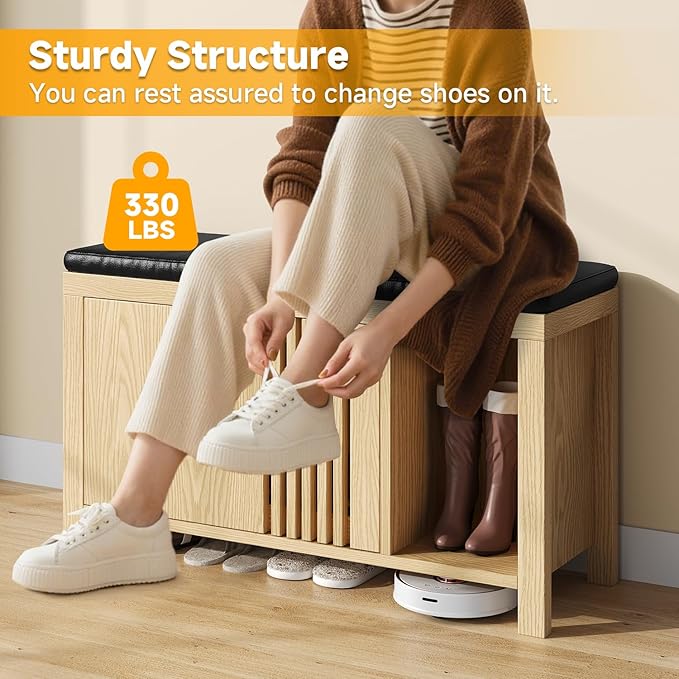 UNIQUITE 40" Shoe Storage Bench with Flip Drawers & Padded Seat Cushion, Open Compartments & Slatted Doors, Entryway Bench with Shoe Storage for Entryway, Hallway, Living Room, Bedroom, Natural - Image 6