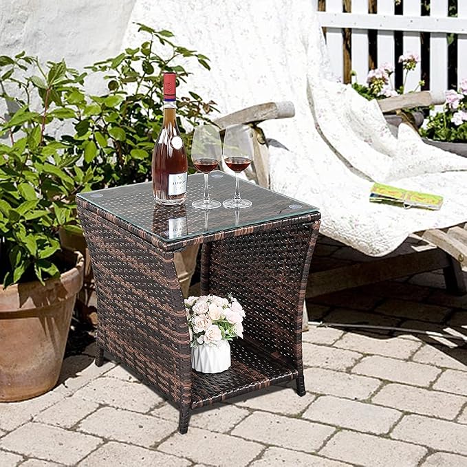 VINGLI Outdoor Wicker Side Table Patio Side Tables for Outside, Tempered Glass Top Wicker Table with Storage End Table for Balcony Porch Deck (Brown) - Image 2