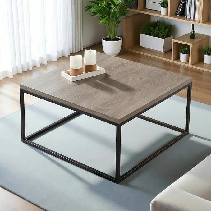 CENSI 30" Square Coffee Table, Grey Wash French Oak Wood Center Table for Living Room, Modern Industrial Metal Frame, Extra Thick 1.2" Top, Rustic Farmhouse Cocktail Table, Easy Assembly