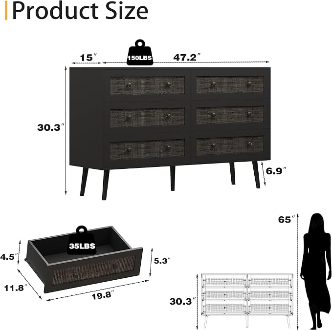 Dresser for Bedroom with 6 Drawer, Rattan Chest of Dressers, Wide Wood Double Dresser, Wooden TV Stand Closet Storage Furniture, Boho Small Clothes Organizer for Hallway, Living Room, Entryway, Black - Image 2