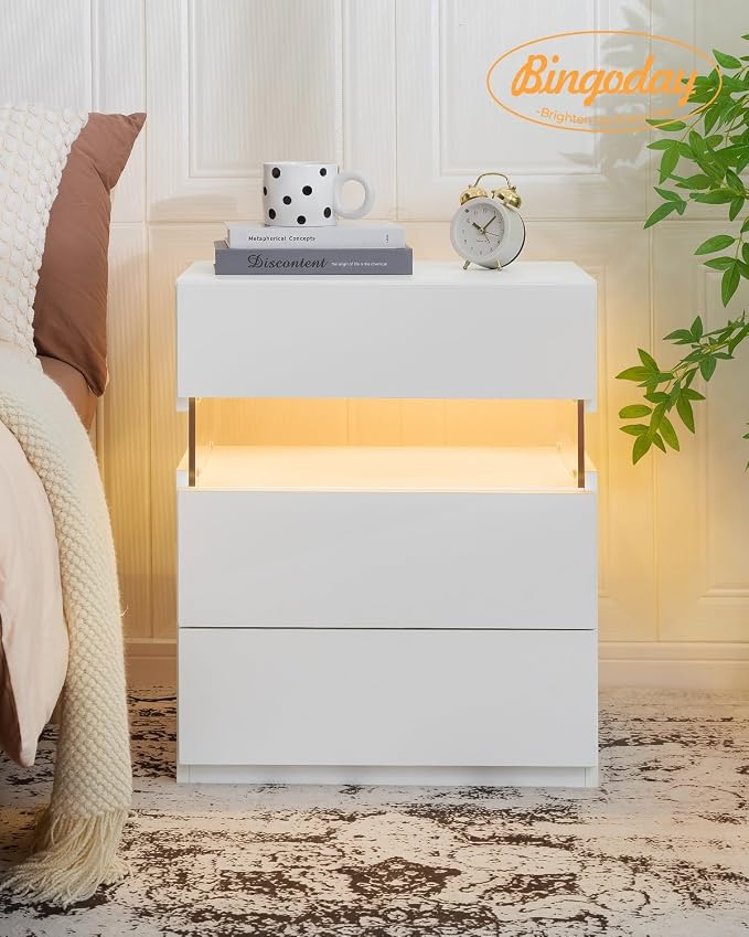 Bingoday White LED Nightstands Set of 2 Modern Night Stand Set 2 Bedside Table with 3 Drawers for Bedroom End Side Table - Image 4