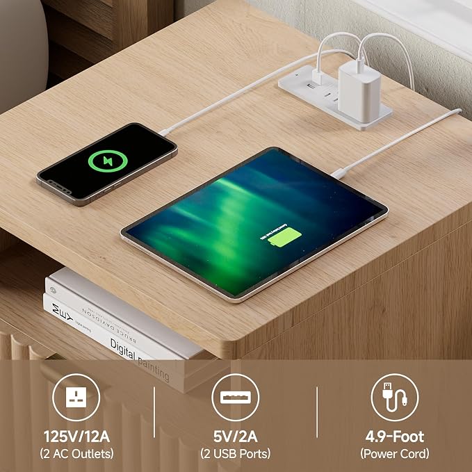 Nightstand with Charging Station, Night Stand with Open Shelf and 2 Drawers for Bedroom, Side Table Bedside Table with USB Ports & Outlets, Small Nightstand End Table (Oak Natural) - Image 4