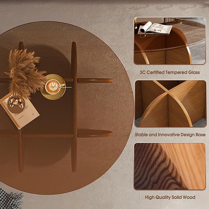 Modern Round Coffee Table with Solid Wood Legs,31.5'' Glass Coffee Tables for Living Room Rustic Circle Center Cocktail Table with Tempered Glass-Top,for Small Spaces, Unique | Modern, Living Room, Rustic, Center, Unique, Small Spaces