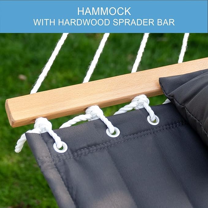Lazy Daze Hammocks 12 FT Double Quilted Fabric Hammock with Spreader Bar and Detachable Pillow, 2 Person Double for Outside Patio Poolside Backyard Beach, 450lbs Capacity, Gray - Image 5