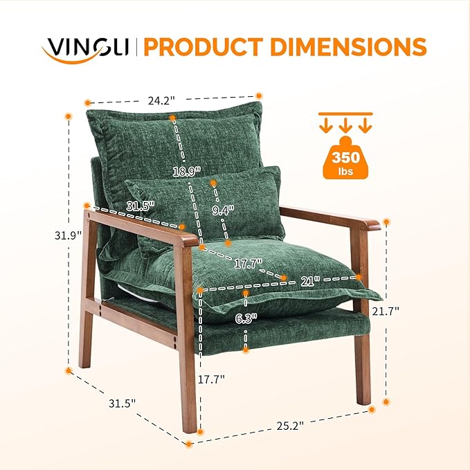 VINGLI Mid-Century Modern Cloud Accent Armchairs set of 2 with Lumbar Pillow, 6.3'' Thick Seat Cushion Reading Chairs with Wooden Armrests,Boho Lounge Chair for Bedroom,Living Room,Chenille,Dark Green