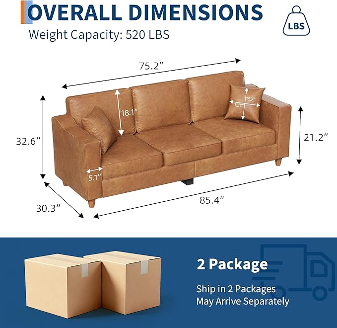 GarveeHome 3-Seater Sofa Couch with 2 Throw Pillows, 85 Inches Faux Leather Couch with Wide Armrests, Deep Seats, Wood Legs, Back Cushion, Sturdy Support Feet, Couches for Living Room, Office, Brown
