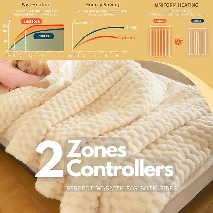 Eastsora Heated Blanket Electric Blanket Heating, Dual Control Soft Ribbed Faux Fur Electric Blanket with 12 Heat Levels 12H Timer ETL FCC Certified Machine Washable (White, King | 90" x 100")