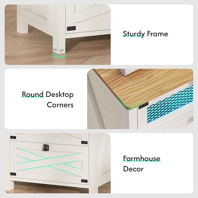 Hasuit Farmhouse Night Stand for Bedroom, Rustic Vintage White Nightstand with Charging Station and LED Lights, Bedside Table with 3 Drawers, Retro Side End Table with Storage - Image 5