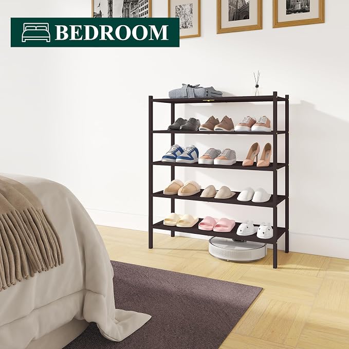 Smiry Bamboo Shoe Rack, 5 Tier Shoe Organizer for Entryway & Closet, Stackable Free Standing Storage Shelf for Shoes, Bags & Plants, Brown - Image 7