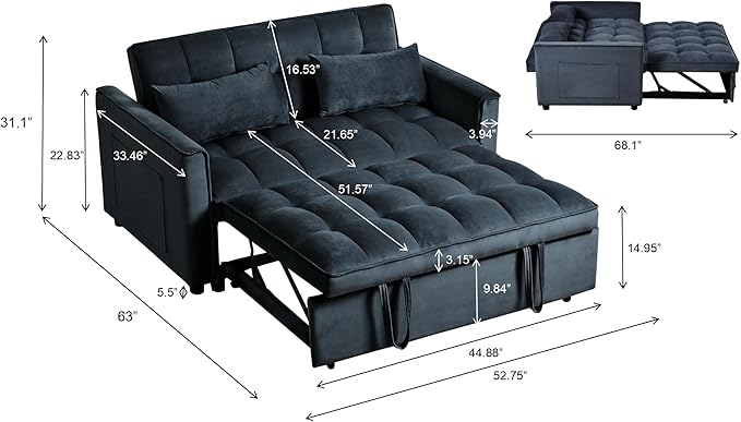 3 in 1 Convertible Sleeper Sofa Bed, Pull Out Couch Loveseat Futon, Adjustable Backrest Velvet Sofa with Pillows and Side Pockets for Living Room Apartment, Modern Black