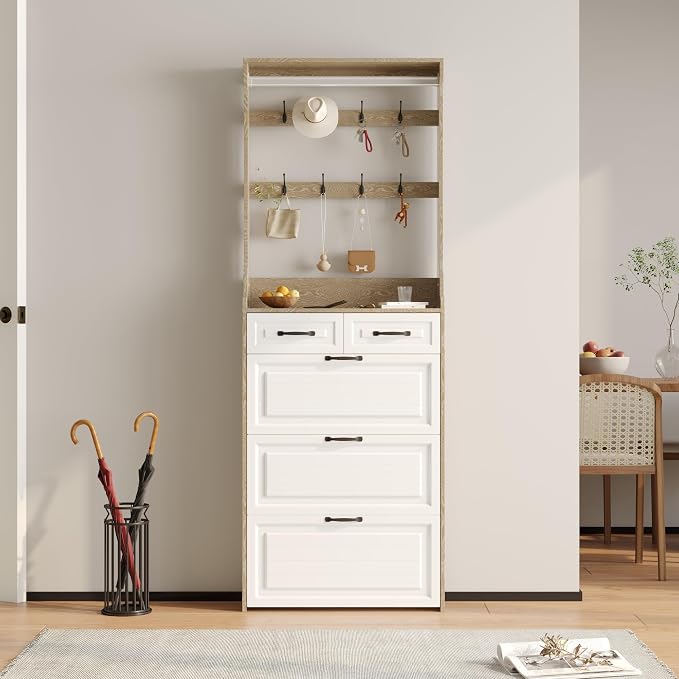 Vibe & Dine Shoe Cabinet, Entryway Shoe Storage Cabinet with 3 Flip Doors and 2 Drawers, 2-in-1 Wooden Shoe Rack Organizer with Coat Hooks for Hallway Cloakroom, Oak Color by VibeDine