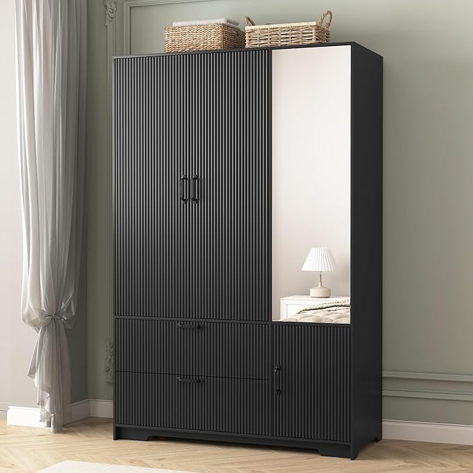 72'' Fluted Armoire Wardrobe Closet with Mirror Door and 2 Drawers,Tall Bedroom Armoire Wardrobe Cabinet with Hanging Rod,Wooden Bedroom Closet with 4 Adjustable Shelves (Black)