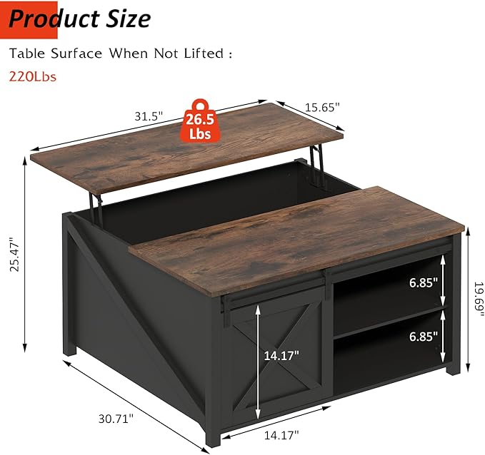 PUKAMI Lift Top Coffee Table with Storage, 31.5" Farmhouse Coffee Table for Living Room, Square Coffee Tables with Large Hidden Storage and Sliding Barn Doors, Black