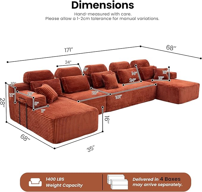 171" U-Shaped Cloud Modular Sectional Sofa with Chaise & Headrest, Boneless Deep Seat Plush Corduroy Couches for Large Living Room, No Assembly Required (Orange, 171" U-shapred Chaise)
