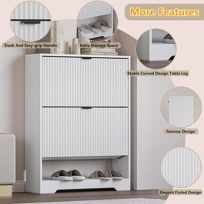 BORNOON Shoe Cabinet with 2 Flip Drawers, Fluted Shoe Storage Cabinet with Adjustable Shelves, Freestanding Rack and Organizer for Entryway, Closet, Hallway - Image 4