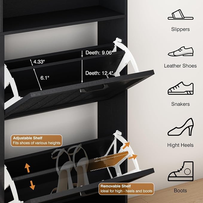 Shoe Storage Cabinet with 4 Flip Drawers, Farmhouse Modern Hidden Shoes Rack Cabinet with Adjustable Shelves & Open Storage, Narrow Slim Shoe Organizer for Front Door Entrance, Entryway, Hallway,Black - Image 3