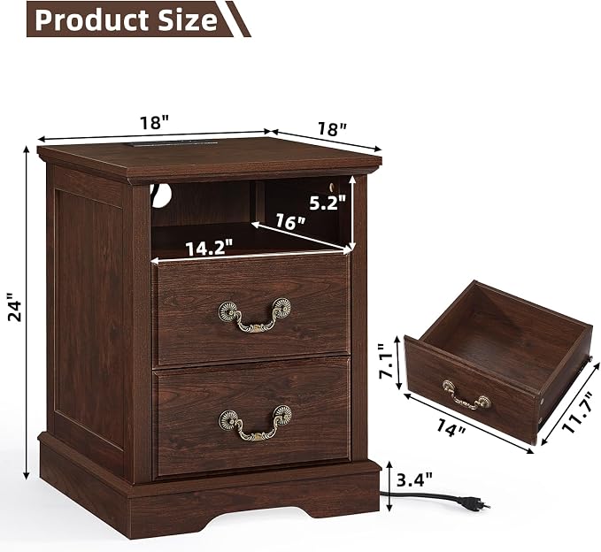 Farmhouse Nightstands Set of 2 with Charger Station, 2 Drawers Night Stand with Storage Shelf, Rustic Brown 18" Wide Wood Bedside Table, Bed Side End Tables for Bedroom, Living Room,Walnut - Image 3