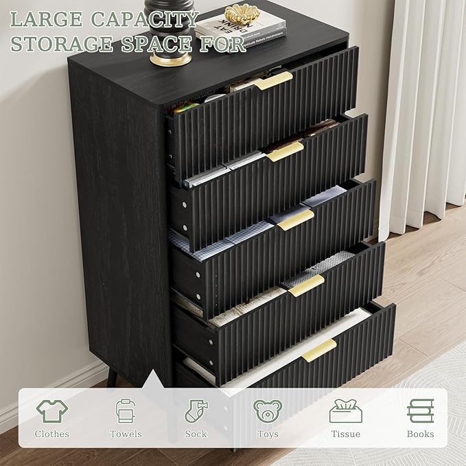 LYNSOM Fluted Dresser and Nightstand Sets 4 Piece, 2-Drawer Nightstands and 5/7 Drawers Dresser, Wood Bedroom Furniture Set for Home, Bedroom, Hallway, Black