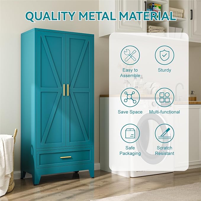 Metal Wardrobe Cabinet, 71" Tall Armoire Wardrobe Closet with Drawer,Hanging Rod and Adjustable Shelf, Farmhouse Clothing Storage Cabinet for Bedroom, Laundry