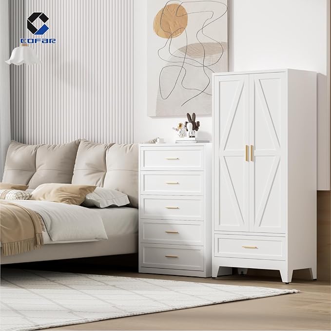 COFaR Metal Armoire Wardrobe Closet with Drawer, 71'' Tall Farmhouse Bedroom Armoires with Doors and Hanging Rod, Freestanding Steel Wardrobe Cabinet Coat Closet for Bedroom Home Office, White