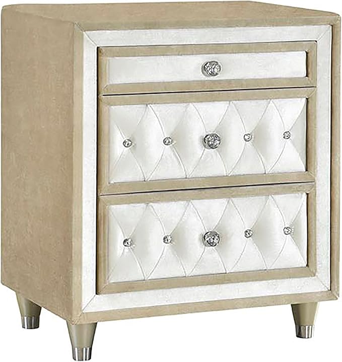Coaster Home Furnishings Antonella Modern Classic 4-Piece Bedroom Set Velvet Upholstered Eastern King Size Panel Bed Frame 79-inch Headboard Ivory and Camel 223521KE-S4