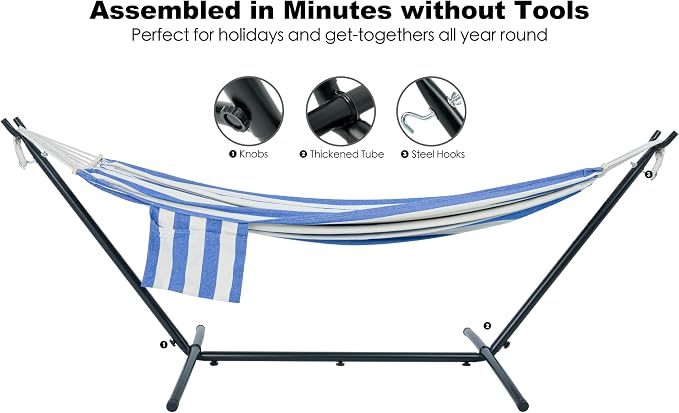 GAFETE Double Hammock with Stand for Outside, Upgraded Spreader Bar, Heavy Duty Space Saving Steel Stand 2 Person, Convenient Pockets, 600lbs Weight Capacity, Indoor & Outdoor (Blue & White) - Image 6