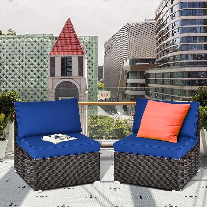 Tangkula 2 PCS Outdoor Wicker Armless Sofa, Patio Rattan Sectional Sofa Set w/2 Thick Seat Cushions and 2 Back Cushions, Additional Seats for Balcony Garden Patio Poolside (Navy Blue)